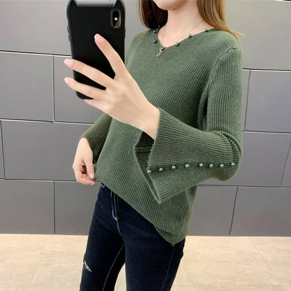 Qetyuw Eibbed Knit Sweater for Women Bell Sleeve V Neck Jumper Solid Color Casual Pullover Sweaters