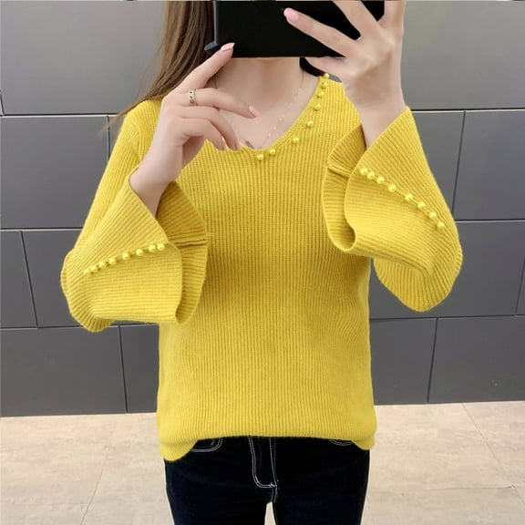 Qetyuw Eibbed Knit Sweater for Women Bell Sleeve V Neck Jumper Solid Color Casual Pullover Sweaters
