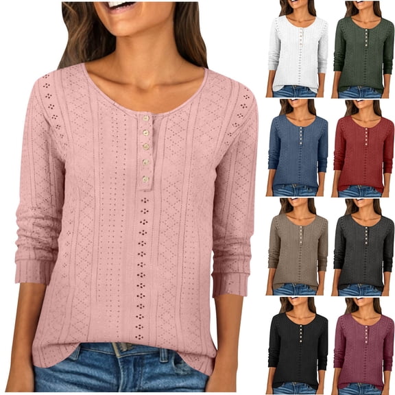 Qetyuw Eyelet Tops for Women 3/4 Length Sleeve Hollow Out Shirts Button Up Work Office Tshirt Summer Casual Blouse Tops