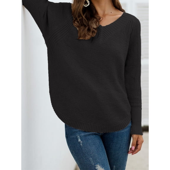Qetyuw Fall Casual Sweater for Women Solid Color V Neck Long Sleeve Pullover Sweaters Casual Loose Fit Curved Hem Jumpers