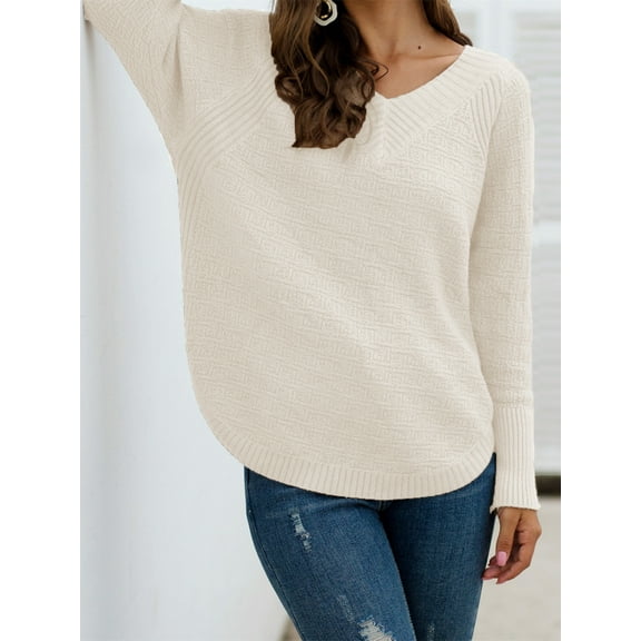 Qetyuw Fall Casual Sweater for Women Solid Color V Neck Long Sleeve Pullover Sweaters Casual Loose Fit Curved Hem Jumpers