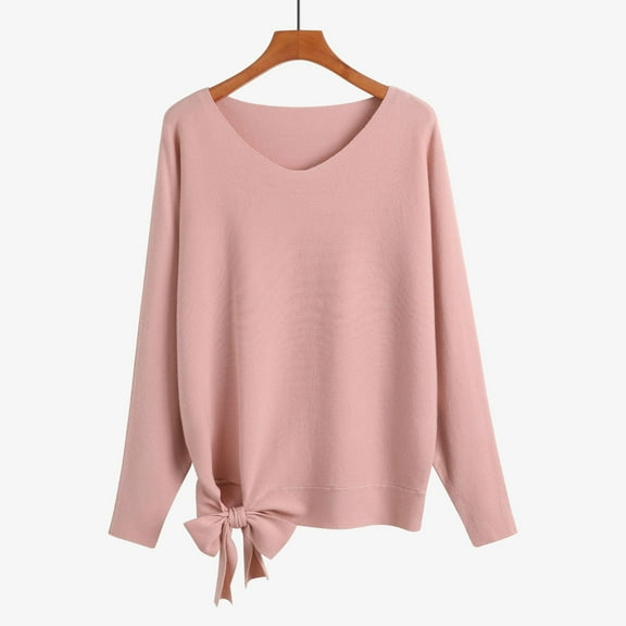 Qetyuw Fall Knitted Sweater for Women Batwing Long Sleeve V Neck Pullover Jumper Bow Tie Hem Solid Color Casual Sweaters