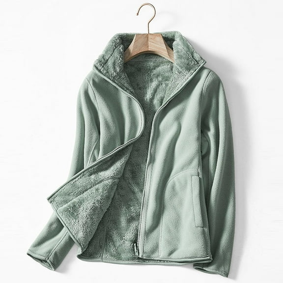 Qetyuw Fall Winter Jackets for Women Thickened Warm Long Sleeve Jacket Plus Size Full Zip Up Stand Collar Coat