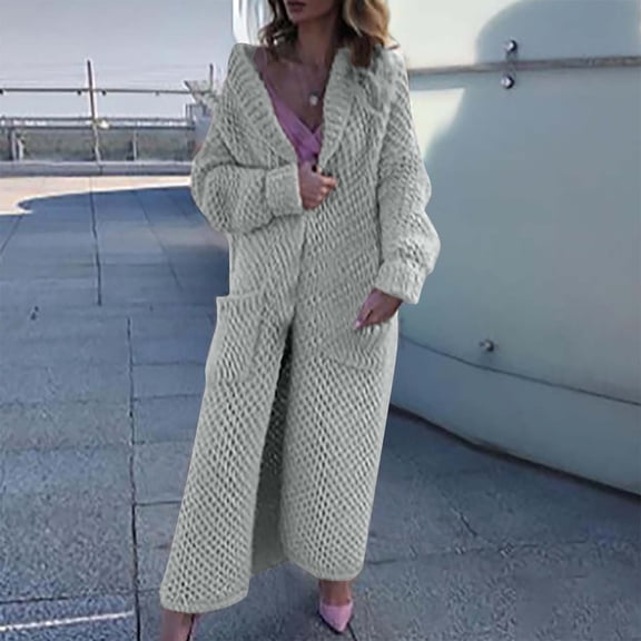 Qetyuw Fall Winter Long Cardigan for Women Crochet Knit Long Sleeve Open Front Cardigans Plus Size Lapel Casual Coat