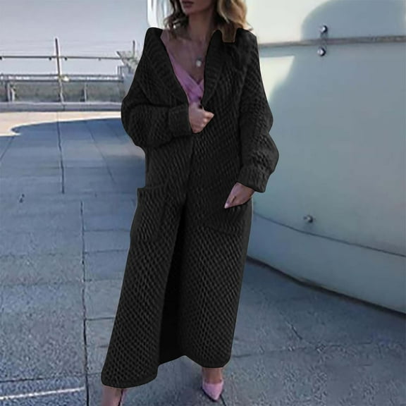 Qetyuw Fall Winter Long Cardigan for Women Crochet Knit Long Sleeve Open Front Cardigans Plus Size Lapel Casual Coat