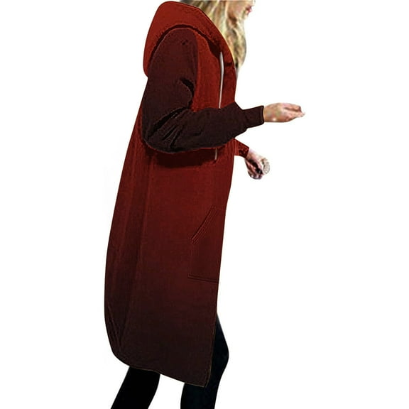 Qetyuw Fall Winter Long Hoodie Jacket for Women Long Sleeve Full Zip Up Open Front Coat Loose Fit Casual Jackets