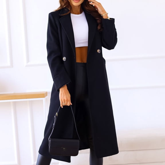 Qetyuw Fall Winter Trench Coat for Women Long Sleeve Lapel Open Front Pea Coat Double Breasted Casual Warm Jacket