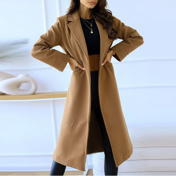 Qetyuw Fall Winter Trench Coat for Women Long Sleeve Lapel Open Front Pea Coat Double Breasted Casual Warm Jacket