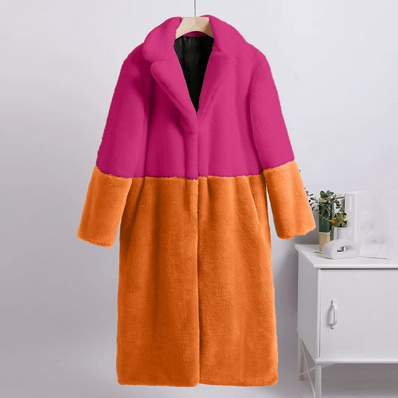 Qetyuw Faux Fur Cardigan for Women Plus Size Color Block Long Sleeve Open Front Coat Winter Warm Lapel Jacket Outwear