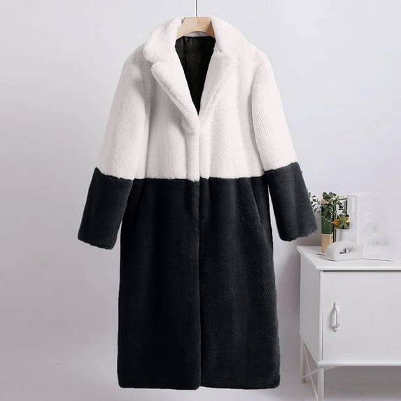 Qetyuw Faux Fur Cardigan for Women Plus Size Color Block Long Sleeve Open Front Coat Winter Warm Lapel Jacket Outwear