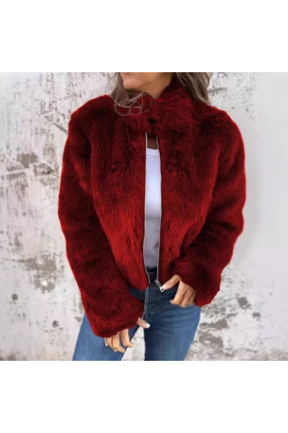 Faux Fur Crop Jacket for Women Full Zip Up Long Sleeve Open Front Jackets Lapel Casual Loose Fit Coat