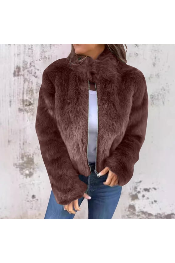 Faux Fur Crop Jacket for Women Full Zip Up Long Sleeve Open Front Jackets Lapel Casual Loose Fit Coat