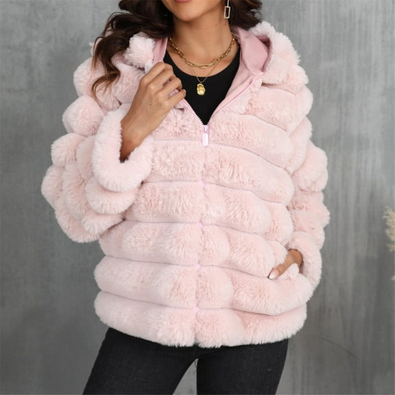 Qetyuw Faux Fur Hooded Coat for Women Winter Warm Long Sleeve Open Front Jacket Full Zip Up Chunky Casual Coats