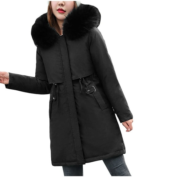 Qetyuw Faux Fur Hooded Parka Womens Mid-Length Winter Outerwear Solid Plain Jacket Soft Fleece Lined Snow Coat Thermal Long Sleeve Coats