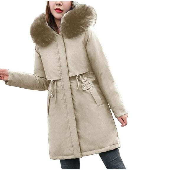 Qetyuw Faux Fur Hooded Parka Womens Mid-Length Winter Outerwear Solid Plain Jacket Soft Fleece Lined Snow Coat Thermal Long Sleeve Coats