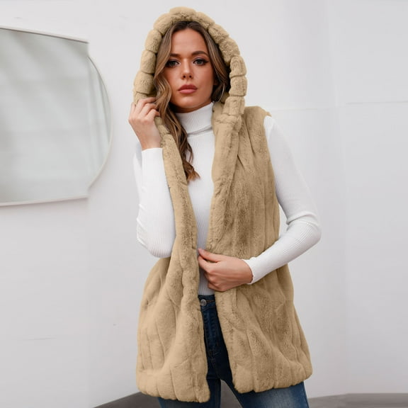 Qetyuw Faux Fur Hoodie Vest for Women Winter Sleeveless Warm Open Front Coat Chunky Casual Vests Tops