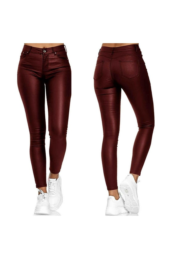 Faux Leather Leggings for Women High Waist Button Pants PU Stretch Skinny Trousers with Pockets Tummy Control Slim Fit Pull On Jeans