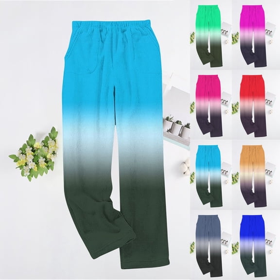 Qetyuw Flannel Pajamas Pants for Women Comfy Thermal Sleep Pants Elastic Waist Gradient Pj Bottoms Plus Size Casual Sleepwear with Pockets