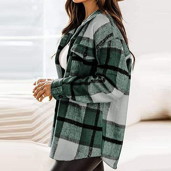 Qetyuw Flannel Plaid Jackets for Women Casual Button Down Long Sleeve Open Front Coat Casual Loose Fit Cardigan Jacket