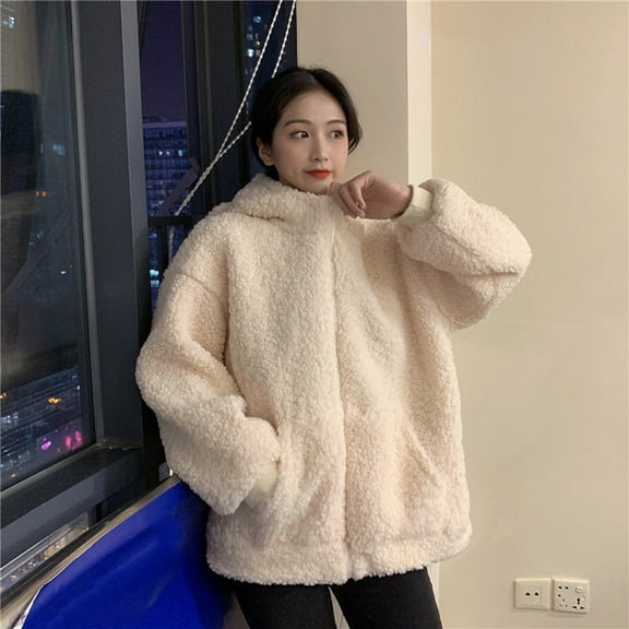 Qetyuw Fleece Hoodies for Women Cute Long Sleeve Hooded Jacket Fall Winter Full Zip Up Casual Coat