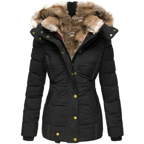 Qetyuw Full Zip Up Coat for Women Winter Faux Fur Lined Open Front Hooded Jacket Long Sleeve Casual Chunky Coats Outwear