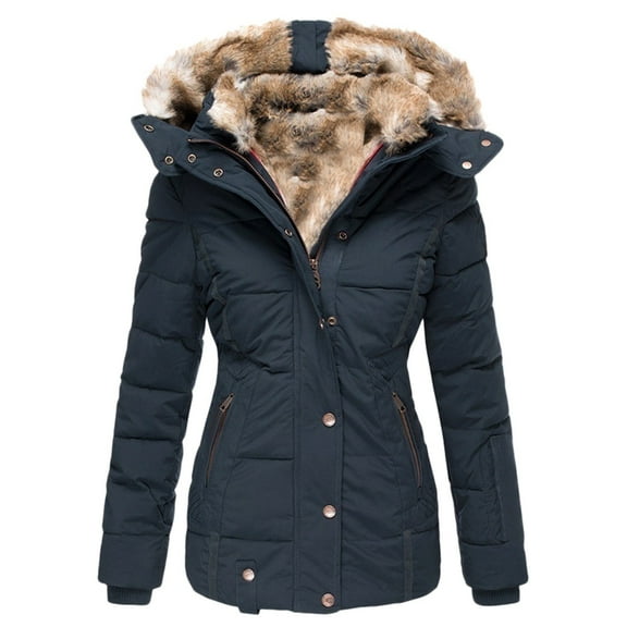 Qetyuw Full Zip Up Coat for Women Winter Faux Fur Lined Open Front Hooded Jacket Long Sleeve Casual Chunky Coats Outwear