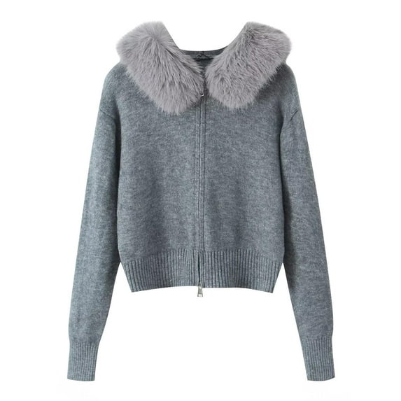 Qetyuw Full Zip Up Hooded Sweater for Women Crop Faux Fur Long Sleeve Cardigan Coat Casual Loose Fit Cardigans Sweaters