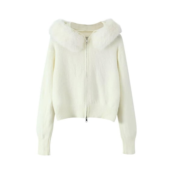 Qetyuw Full Zip Up Hooded Sweater for Women Crop Faux Fur Long Sleeve Cardigan Coat Casual Loose Fit Cardigans Sweaters