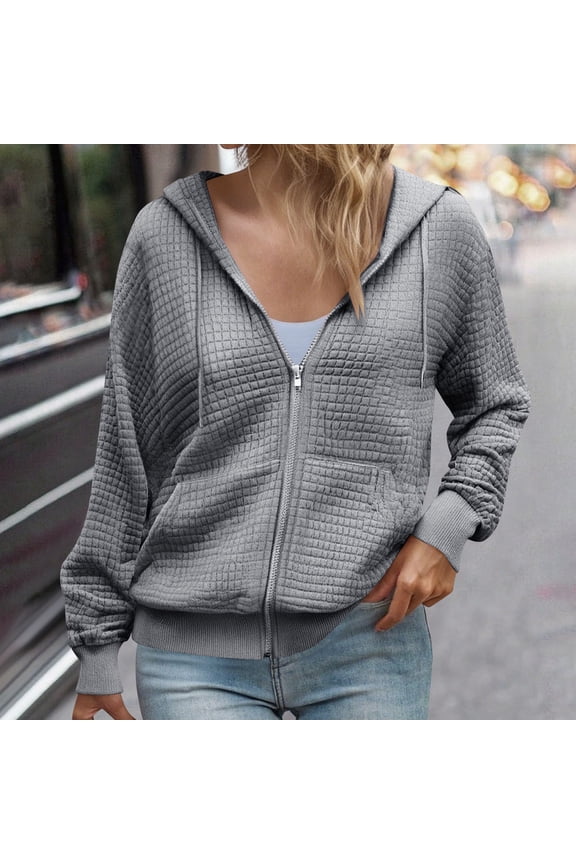 Full Zip Up Hoodies for Women Oversized Waffle Knit Long Sleeve Hooded Jacket Fall Casaul Cardigan with Pockets