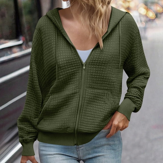 Qetyuw Full Zip Up Hoodies for Women Oversized Waffle Knit Long Sleeve Hooded Jacket Fall Casaul Cardigan with Pockets
