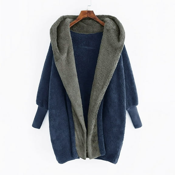 Qetyuw Fuzzy Cardigan Coat for Women Winter Long Sleeve Open Front Hooded Cardigans Casual Warm Coats Outwear