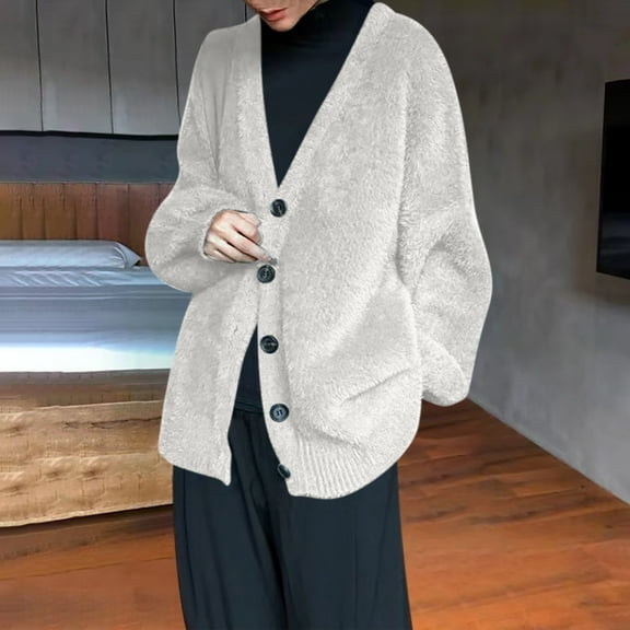 Qetyuw Fuzzy Cardigan Sweater for Women Chunky Button Down Cardigans Coat Solid Color Long Sleeve V Neck Casual Coat