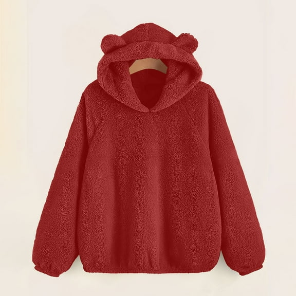 Qetyuw Fuzzy Hoodies for Women Bear Ears Raglan Long Sleeve Hooded Pullover Oversized Sweatshirt Travel Casual Sweatshirts