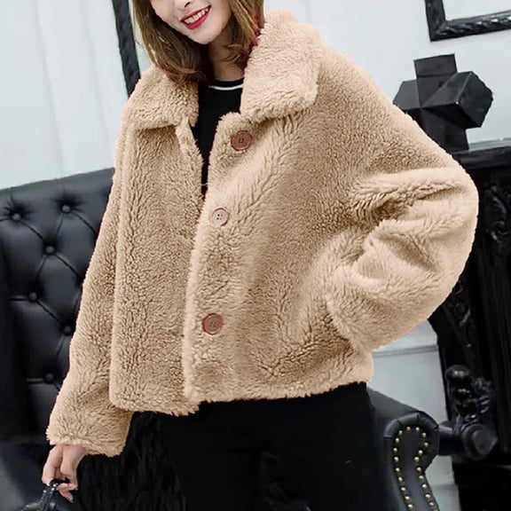 Qetyuw Fuzzy Jacket for Women Plus Size Long Sleeve Jackets Button Down Lapel Winter Casual Coat
