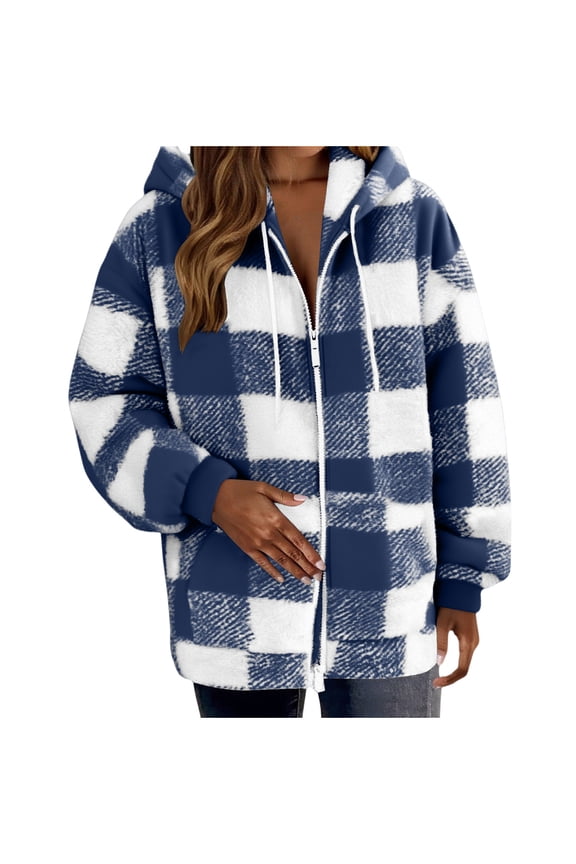 Fuzzy Plaid Jacket for Women Fall Winter Long Sleeve Hooded Jackets Full Zip Up Warm Casual Coat