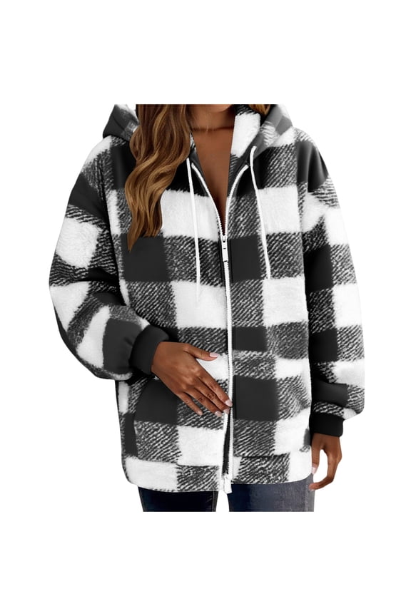 Fuzzy Plaid Jacket for Women Fall Winter Long Sleeve Hooded Jackets Full Zip Up Warm Casual Coat