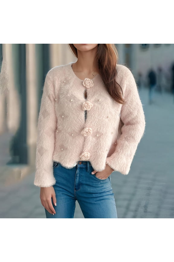 Fuzzy Sweaters for Women Button Up Cardigan Pearl Decoration Long Sleeve Cardigans Jacket Casual Crew Neck Sweater