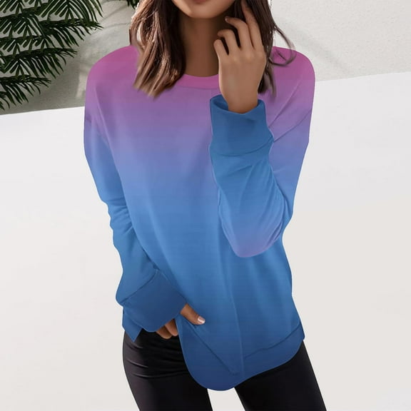 Qetyuw Gradient Sweatshirts for Women Long Sleeve Crew Neck Sweatshirt Lightweight Casual Pullover