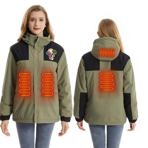 Qetyuw Heated Jackets Unisex Rechargeable Heating Coats with Removable Hood Smart Electric Jacket Pockets Long Sleeve Hooded Coat Battery Not Included