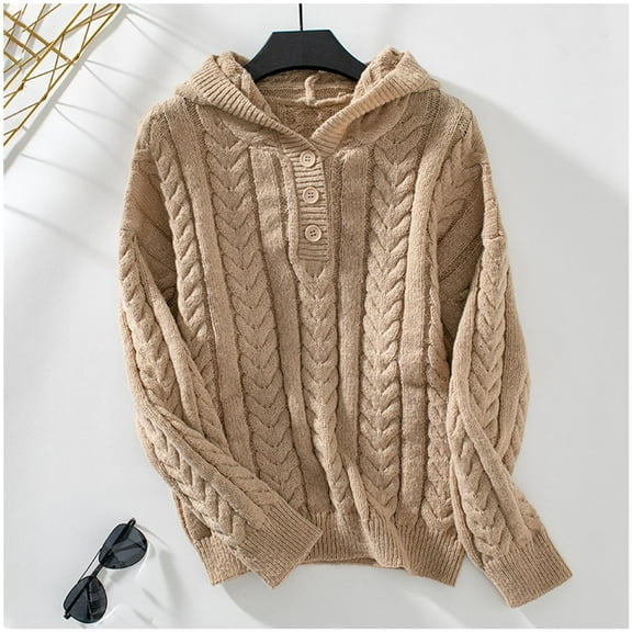Qetyuw Hooded Sweater for Women Cable Knitted Long Sleeve Button Up Pullover Jumpers Chunky Casual Loose Fit Sweaters