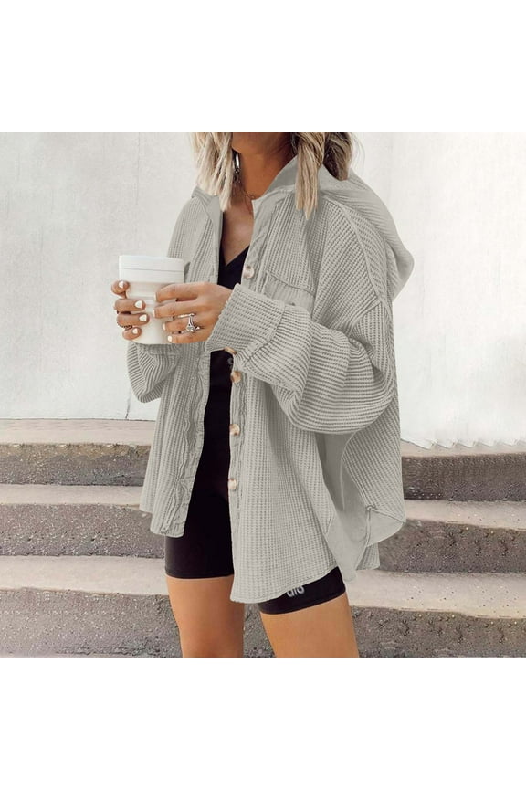 Hoodie Knit Cardigan for Women Waffle Knitted Long Sleeve Open Front Coat Button Down Casual Jacket