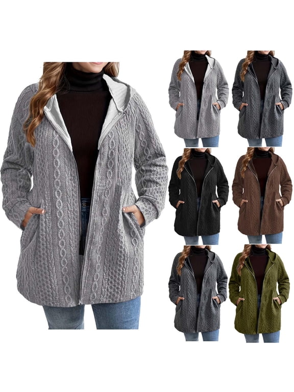 Hoodies for Women Cable Knit Cardigan Jacket Full Zip Up Solid Plus Size Hooded Jackets with Pockets
