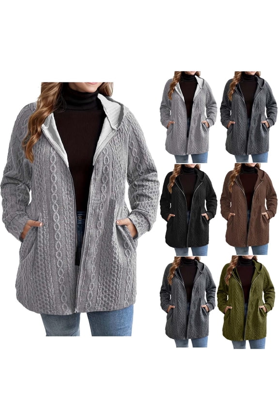 Hoodies for Women Cable Knit Cardigan Jacket Full Zip Up Solid Plus Size Hooded Jackets with Pockets