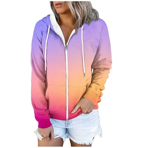Qetyuw Hoodies for Women Full Zip Up Casual Loose Fit Hooded Jacket Gradient Long Sleeve Coat with Pocket
