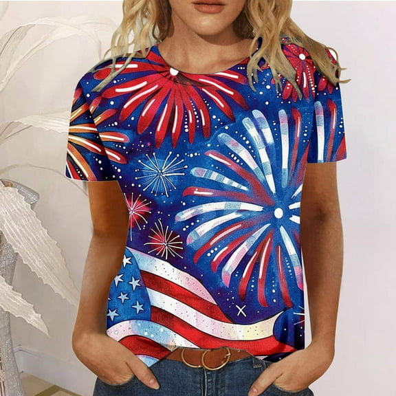 Qetyuw Independence Day Shirts for Women Casual Patriotic American Flag Print Tshirts Tunic Short Sleeve Tees Breathable Crew Neck Blouses Tops of the Week