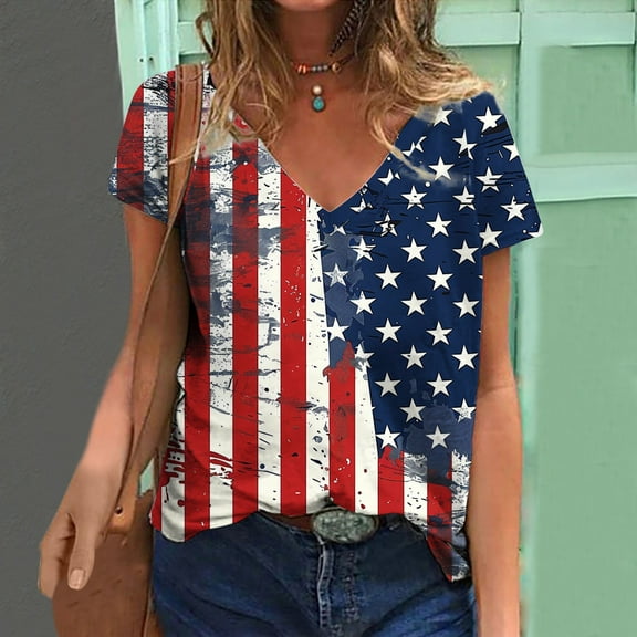 Qetyuw Independence Day Shirts for Women Plus Size Patriotic American Flag Print Tshirts Cute Short Sleeve Tees Beach V Neck Blouses Tops Summer Tops for Women 2024