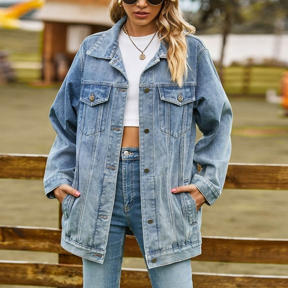 Qetyuw Jean Jackets for Women Mid Long Lapel Denim Jacket Loose Fit Casual Long Sleeve Open Front Cardigan Coats