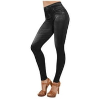 Qetyuw Jeggins for Women Stretch Denim Print Fake Jeans High Waisted Pull On Leggings with Pockets Tummy Control Skinny Jean Work Sport Pants