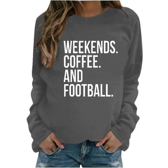 Qetyuw Letter Print Sweatshirt for Women Weekends Coffee and Football Pullover Casual Crew Neck Long Sleeve Loose Fit Tops