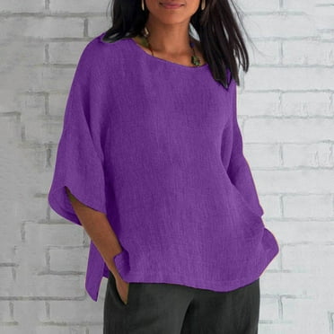 Qetyuw Linen Shirts for Women Summer Cotton CrewNeck Blouses Casual Loose Fit 3/4 Sleeve Tunic Tops Female Soft Side Split Tees Deals
